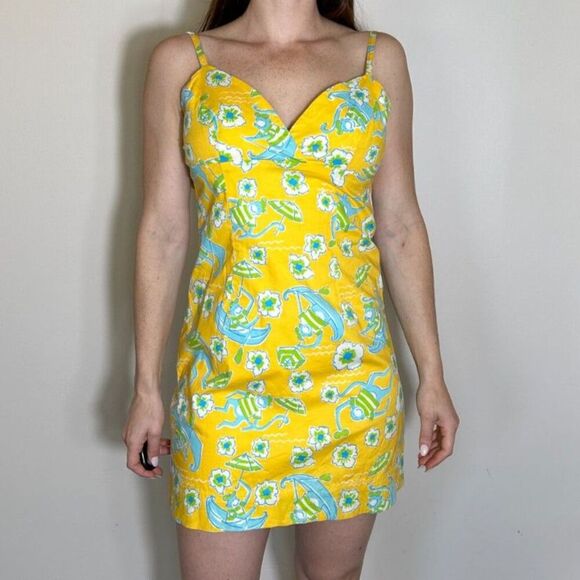Vintage Lilly Pulitzer Yellow Dress Blue Monkey Print Mini Dress Size 4 - Picture 1 of 6